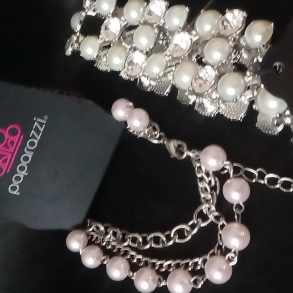 2 Paparazzi bracelets expandable & 7.5+2 clear crystals,white beaded pearls